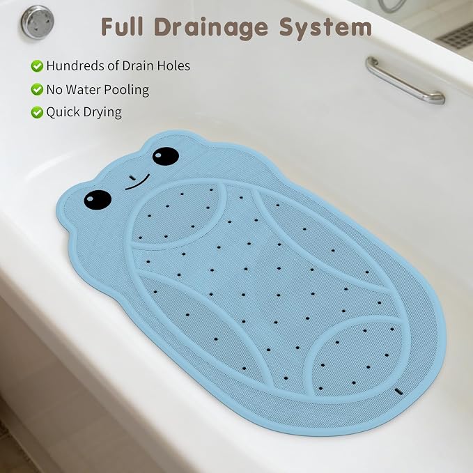Upgraded Bathtub Mat Non Slip, Kids Bath Mat 30"x 18", Bath Mat for Tub Non Slip with Strong Suction and Textured Surface, Natural Rubber Latex Free PVC Free Safe for Baby, Frog Pattern, Blue