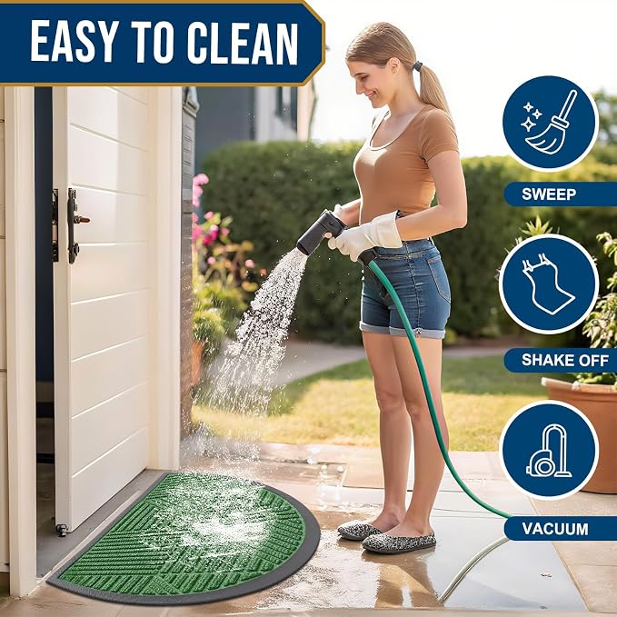Smiry Half Circle Front Door Mat Outside Entrance, Heavy Duty Sturdy Natural Rubber Doormat, Trap Dirt and Moisture, Low Profile Mats for Indoor Outdoor Entry, Irregular Triangle (47x32, Green)