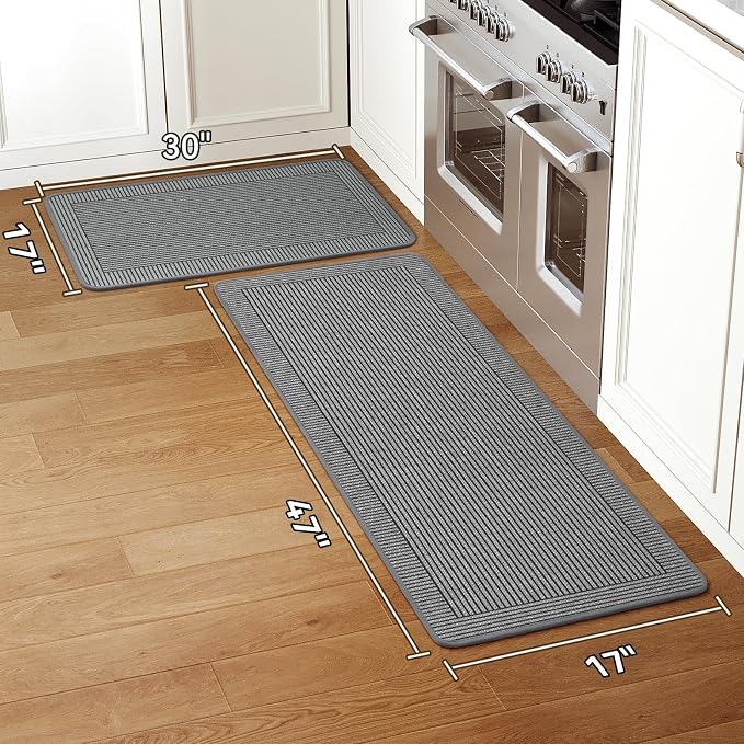 Kitchen Mats for Floor, 17''x30''+17''x47''Kitchen Rugs Set of 2, Washable Non Slip Absorbent Kitchen Mat, Braided Kitchen Runner Rug, Kitchen Sink Rug, Grey