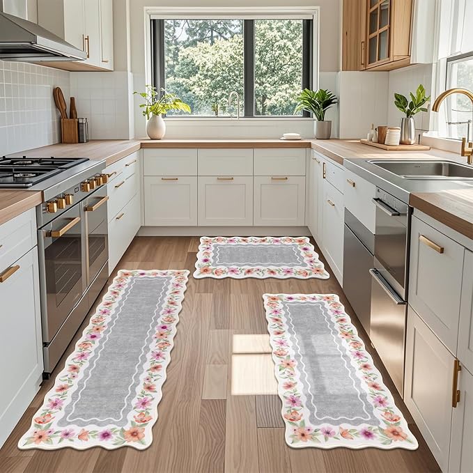 Vaukki Boho Kitchen Rug Sets 3 Pieces, Washable Kitchen Mats for Floor, Non Slip Soft Kitchen Area Rug Floor Mat for Kitchen, Laundry Room and Hallway (Flower-Grey, 20''x32''+20''x47''+20''x59'')
