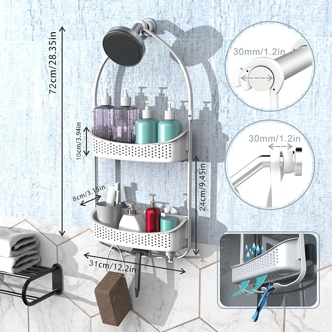 Shower Caddy Hanging; Anti-Swing shower basket over Showerhead with Suction Cups; Never rust Bathroom Organizer, Multiple Hanging Modes Shelf with hooks,White
