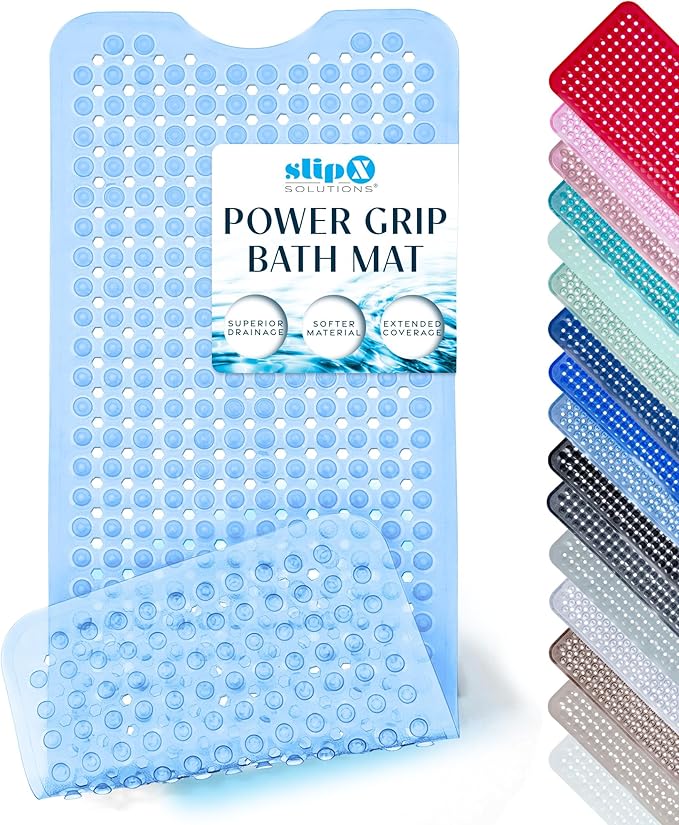 SlipX Solutions Power Grip Bathtub Safety Mat | Precision Grip Technology for Longer, Stronger, & Softer Wet Surface Protection | Clear Light Blue 39"x16"