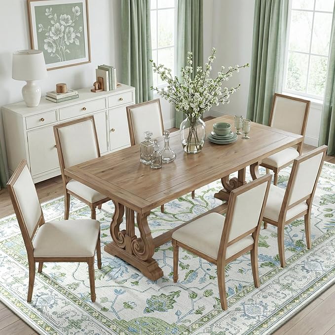 RELEANY Area Rugs 8'x10' Washable Non-Slip, Floral Vintage Distress Medallion Carpet for Living Room Bedroom Dining Room, Green White Blue
