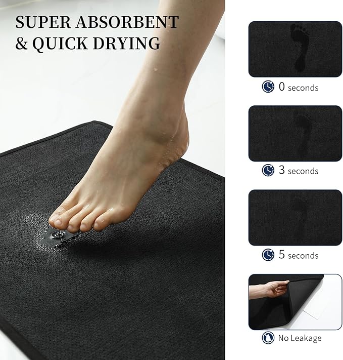 YIHOUSE Black Bathroom Rugs Sets 2 Piece, Quick Dry Thin Bath Mat, Non Slip Absorbent Machine Washable, Bath Rugs for Bathtub Sink Home Decor (17"x24" + 17"x32")