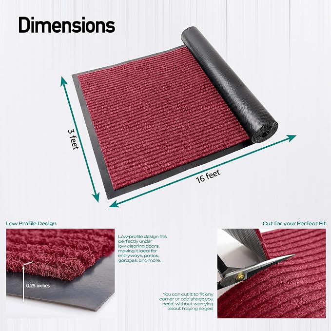 MaxMat® Extra Large Commercial Door Mat, Rubber Border Heavy Duty Door Mat, Waterproof, Low-Profile, Easy to Clean, Rubber Entry Mat. (Red, 3 x 16 Feet)