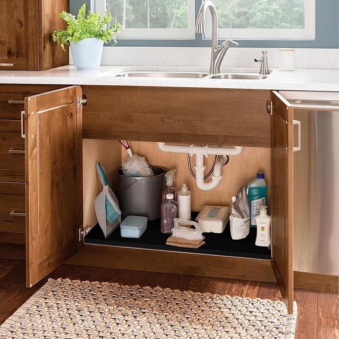 Under Sink Mat, 19"x22" Under Sink Mats for Kitchen, Silicone Waterproof Under Sink Liner, Sink Cabinet Organizer Tray with Drain Hole (Black, 19X22)