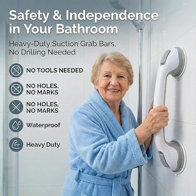 Shower Grab Bars for Seniors, Upgraded Bar with Powerful Suction, 15.8in Shower Handles for Elderly Suction, Removable Bathroom Handles for Elderly, Shower Safety Bars for Seniors on Smooth Surfaces