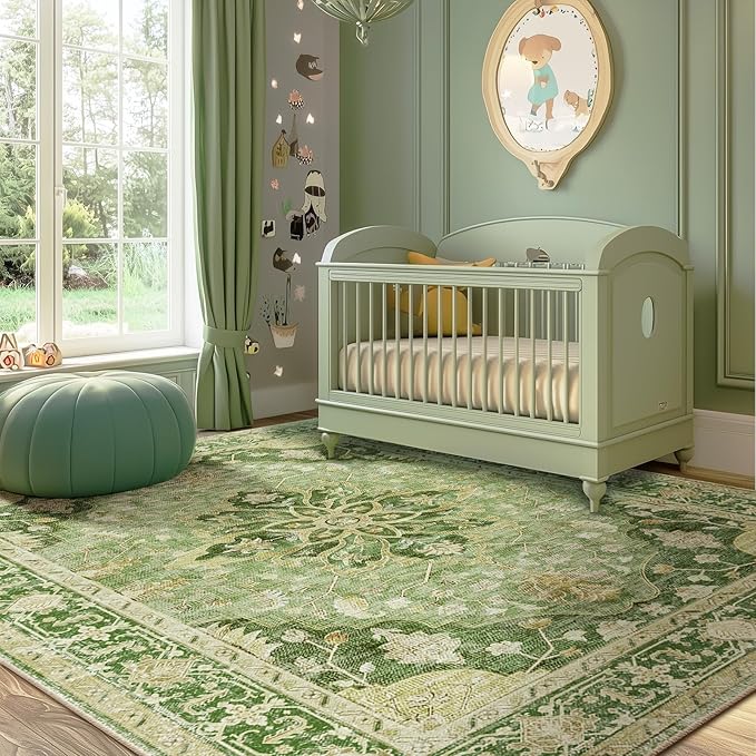 RELEANY Area Rugs 5'x8' Washable Non-Slip, Floral Vintage Distress Medallion Carpet for Living Room Bedroom Dining Room, Sage Green Yellow