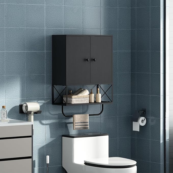 MAHANCRIS Bathroom Wall Cabinet with 2 Door and Adjustable Shelf, Farmhouse Medicine Cabinet with Towel Rack, 3-Tier Wall Mounted Storage Cabinet Over The Toilet for Bathroom, 18.9" L, Black