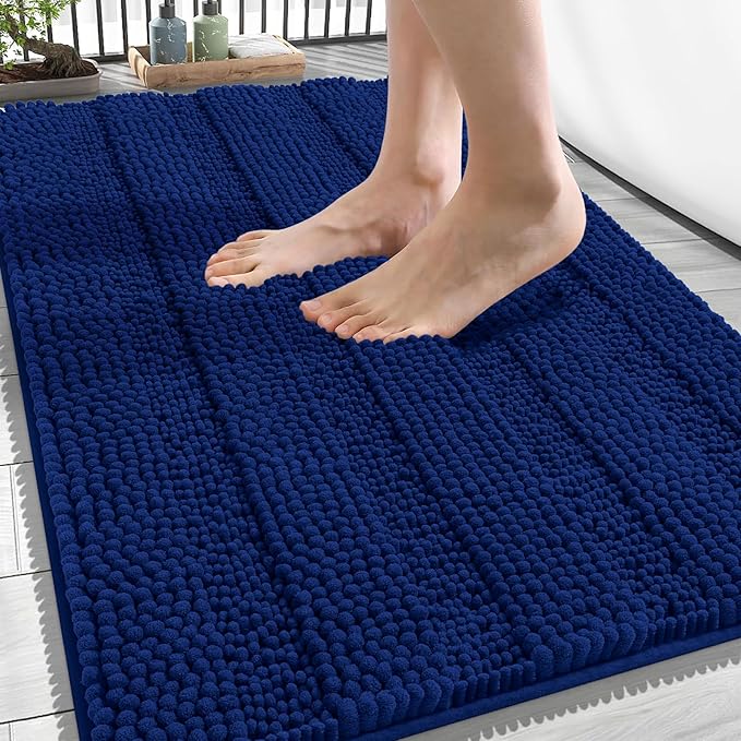OLANLY Thick Bathroom Rugs 34x21, Extra Soft Absorbent Chenille Striped Bath Rugs, Rubber Backing, Machine Wash Dry, Bath Mats for Bathroom Floor, Tub and Shower, Home Decor Accessories, Navy