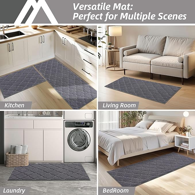 COSY HOMEER Soft Kitchen Rugs [2 PCS] for in Front of Sink Super Absorbent Kitchen Floor Mats and Mats 20x30 Inch/20X48 Non-Skid Kitchen Mat Standing Mat Washable,Polyester,Dark Grey