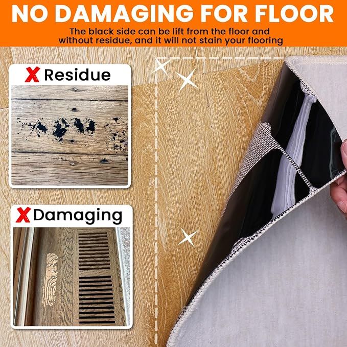 Rug Non Slip Grippers, Reusable Rug Tape Pads for Hardwood Floors, Laminate Floor, Tiles, No Residue on Flooring, Strong Adhesive Carpet Tape for Area Rugs, Keep Corners Flat (32)