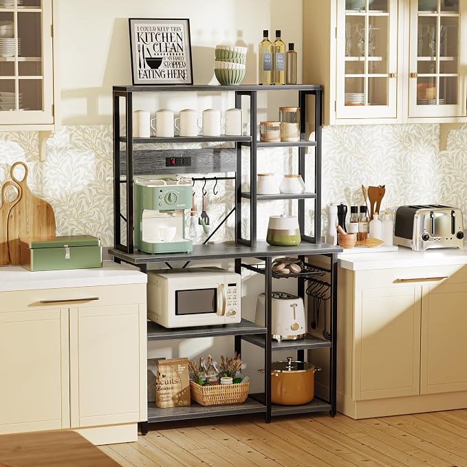 SUPERJARE Large Bakers Rack with Power Outlets, 6-Tier Microwave Stand, Coffee Bar with 12 S-Shaped Hooks, Kitchen Shelf with Wire Basket, 39.4 x 14.6 x 66.9 Inches, Charcoal Gray