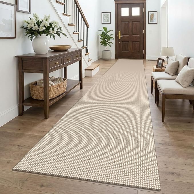 KOZYFLY Braided 2.5'x16' Runners Rugs for Hallway, Extra Long Washable Runner Rug, Woven Non Slip Kitchen Runner, Cotton Entryway Rug, Floor Carpet for Entry, Aisle, Hall, Ivory/Camel/Brown