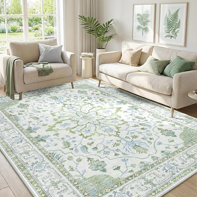 RELEANY Area Rugs 5'x7' Washable Non-Slip, Floral Vintage Distress Medallion Carpet for Living Room Bedroom Dining Room, Green White Blue