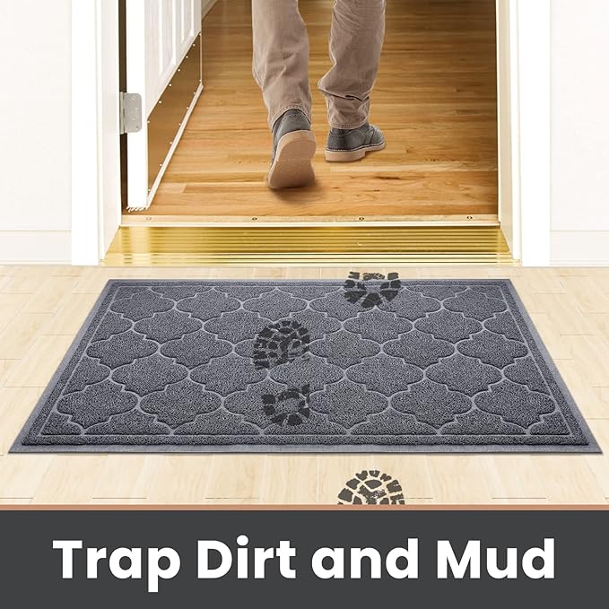 LuxStep Door Mat Large 17" x 30" Indoor Outdoor Doormat, Non-Slip Low-Profile Design Floor Mat, Durable Trap Dirt and Dust Front Door Welcome Mat for Entryway,Patio,Garage,High Traffic Areas, Grey