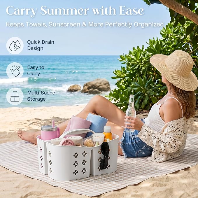 Portable Shower Caddy with Handle, Large Capacity Shower Basket Organizer, Quick-Drain Bathroom Storage Tote, Durable Plastic Shower Organizer for College Dorm, Beach, Gym, Travel Essentials, White