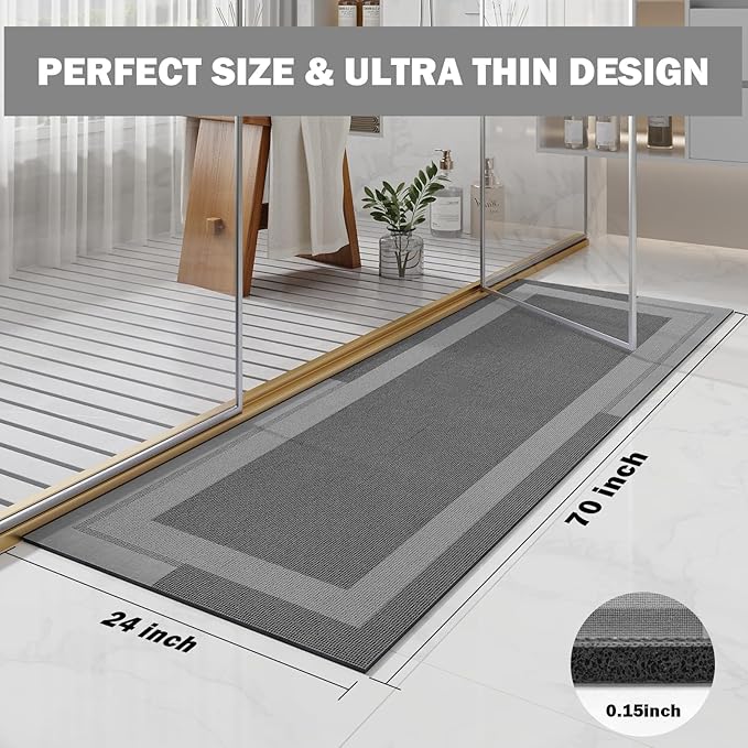 YDKGL Extra Long Non Slip Bathroom Runner Bath Mat, Rubber Backing Ultra Thin Bath Rug Fit Under Door Quick Dry Super Absorbent Washable Shower Mat for Bathroom Floor Bathtub Sink, Dark Grey 24"x70"