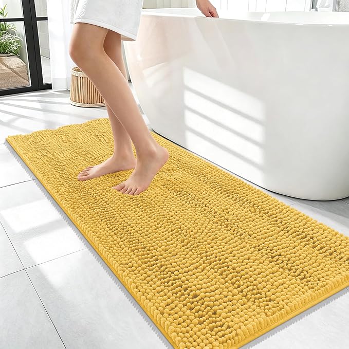 OLANLY Thick Bathroom Runner Rugs 47x17, Extra Absorbent Chenille Striped Bath Rugs, Rubber Backing, Machine Wash Dry, Long Bath Mats for Bathroom Floor, Tub and Shower, Home Decor Accessories, Yellow