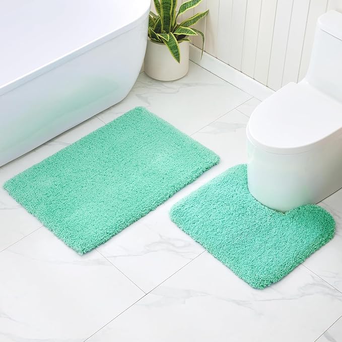 Disolla Toilet Mat 22x24 Mint Green - Non Slip Fluffy U-Shaped Contour Rug, Ultra-Soft Plush Toilet Floor Mat, Absorbent & Machine Washable