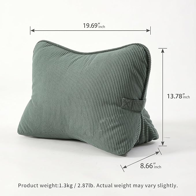 Pat. Pend. Corduroy Lumbar Support Pillow for Sitting and Posture Support, Triangle Cushion for Bed, Sofa or Couch, Reading Back Pillow with Removable Washable Cover, Peacock Blue