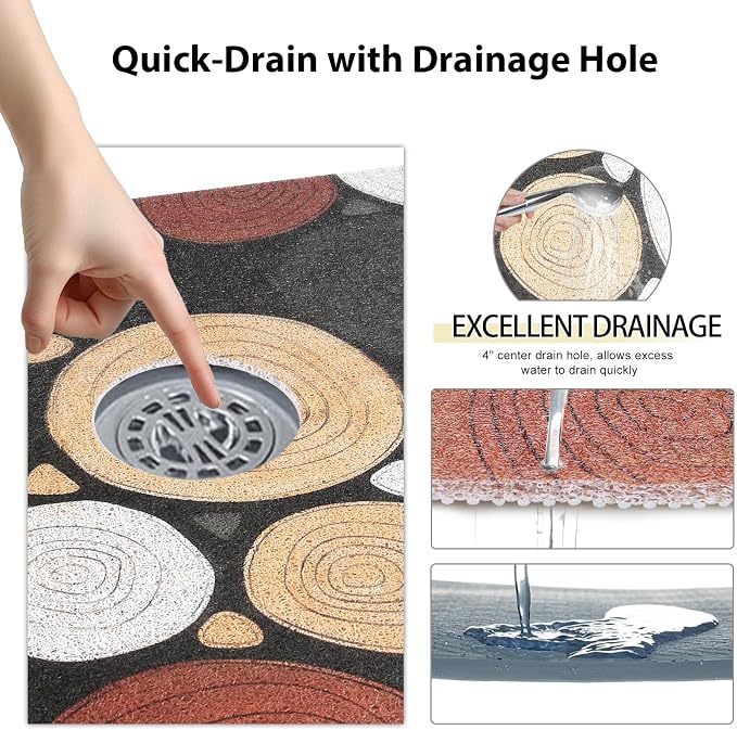 Square Shower Mat, Yonala 27 x 27 Inch Stylish Non Slip Shower Mats for Inside Shower with Central Drain Hole, Soft Trimmable PVC Loofah Anti Slip Shower Mat for Walk in Shower Stall, Quick Drying