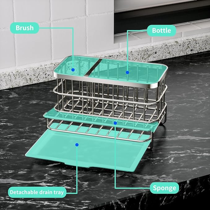 HapiRm Kitchen Sink Organizer, SUS304 Stainless Steel Rustproof Multifunctional Large Sink Caddy with Sponge Holder and Drain Tray for Kitchen Countertop (Silver)