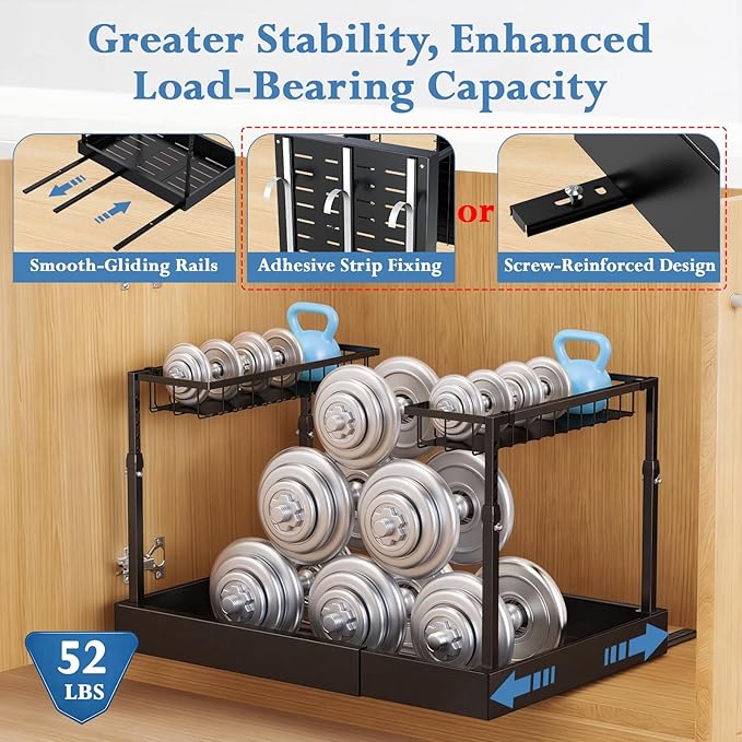 Aisslro Under Sink Organizer, 2 Tier Under the Sink Storage, Expandable Adjustable Slide Out Pull Out Under Cabinet Organizers Shelf, for Kitchen Bathroom Pantry Closet Organization, Black