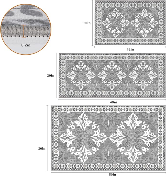 Kitchen Rugs Set of 3, Non-Slip & Washable Floor Mats, Water-Absorbent Area Pad, Standing Desk Mat for Office, Home, Doorway, Laundry, Kitchen Accessories (Light Grey)