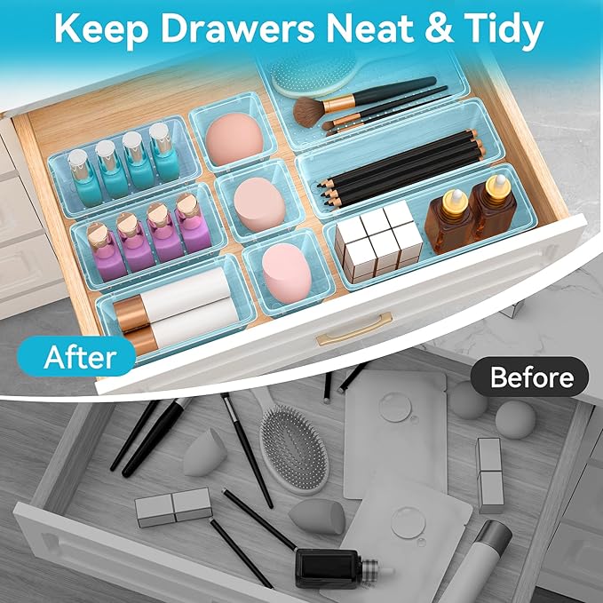 ElegantArray 12-Piece Drawer Organizer Set, 4 Sizes Versatile Plastic Vanity Organizer for Makeup, Stationery, Gadgets, in Kitchen, Bathroom, Office, and Bedroom, Sea Blue