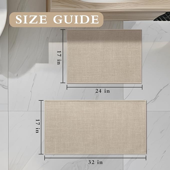YIHOUSE Beige Bathroom Rug Sets 2 Piece, Bathroom Mat Quick Dry, Thin Bath Rug Set,Absorbent Bath Mat for Bath Room Non Slip Washable for Toilet and Floor(17"x24"+17"x32")