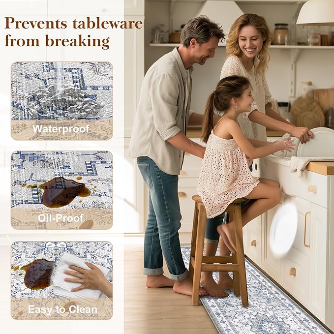 Boho Kitchen Mats for Floor 2 Piece Set Anti Fatigue Cushioned PVC Kitchen Rugs Non Slip Waterproof Farmhouse Mats 2/5 Inch Comfort Standing Mat for Sink, Laundry, 17.3"x59"+17.3"x28", Blue Grey
