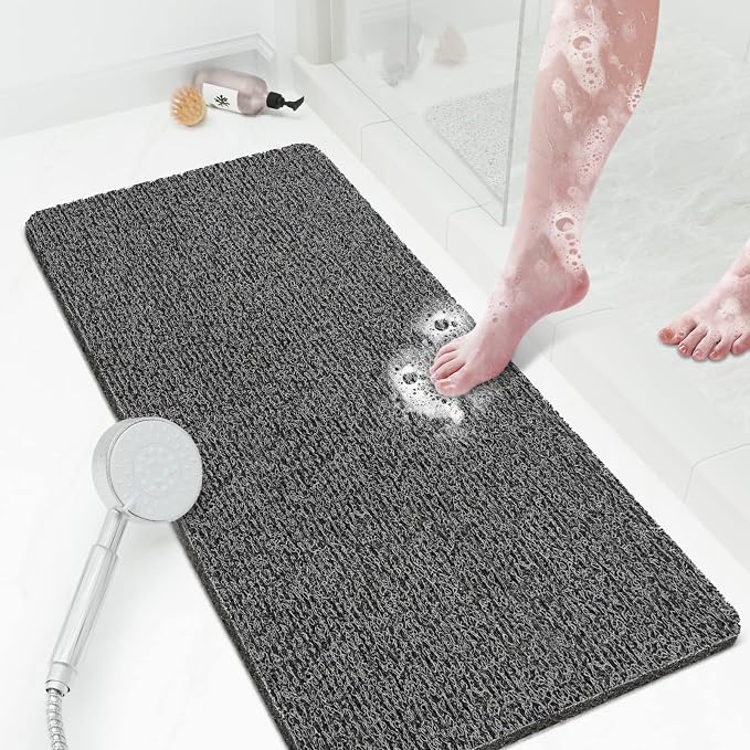 Shower Mat Bathtub Mat Non-Slip,36x16 inch, Soft Tub Mat with Drain,PVC Loofah Bath Mat (Phthalate Free) for Tub and Bathroom,Quick Drying,Black