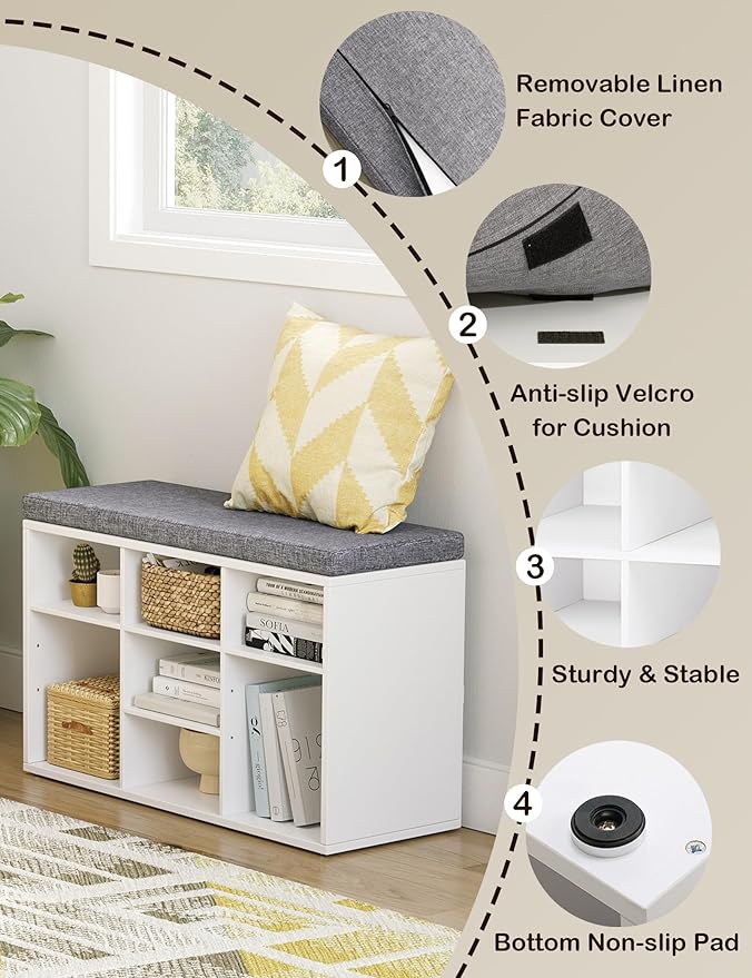 DINZI LVJ Shoe Storage Bench with Cushion, Cubby Shoe Rack with 9 Cubbies, Adjustable Shelves, Multifunctional Shoe Organizer Bench for Entryway, Mudroom, Hallway, Closet and Garage, White
