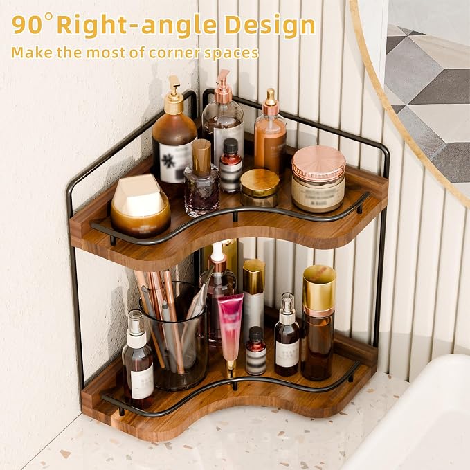 2-Tier Corner Bathroom Counter Organizer with Embedded Screw Holes, Secure & Stable Wood Vanity Shelf for Makeup and Skincare Essentials - Space Saving Bathroom Countertop Storage(Acacia wood-Brown)