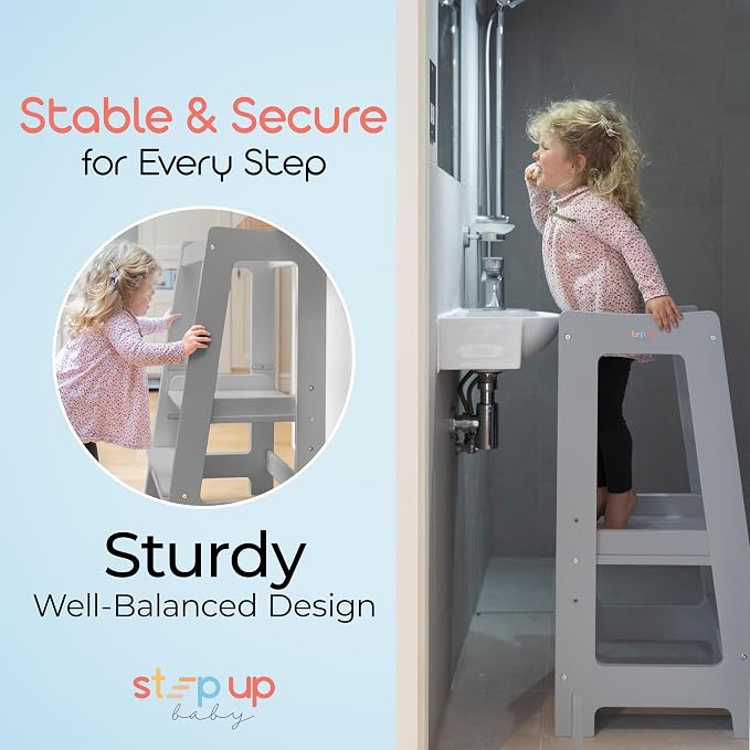 Stepup Baby Toddler Standing Tower - 3 Level Adjustable Wooden Kitchen Step Stool, Bathroom Sink, Kitchen Counter, Kids 18 Months to 4 Years Gift - Gray