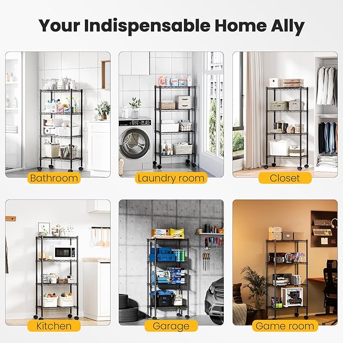 DUMOS 4-Tier Metal Wire Storage Shelves, Adjustable Standing Storage Rack Shelf with Wheels, Heavy Duty Steel Shelving Unit Organizers for Kitchen Bathroom Pantry Garage, 23.2"Wx 3.4"Dx47.1"H, Black