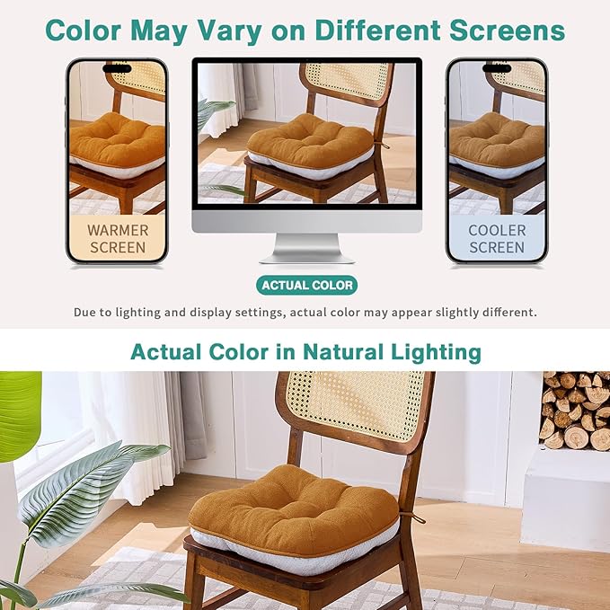 BETU Chair Cushions for Dining Chairs Set of 2,3.5" Thick Kitchen Table Chair Pads with Ties,Non Slip Backing and Covers, Seat Cushion for Dining Room,Bar,Patio Chairs,15.5"X15.5"X3.5",Caramel