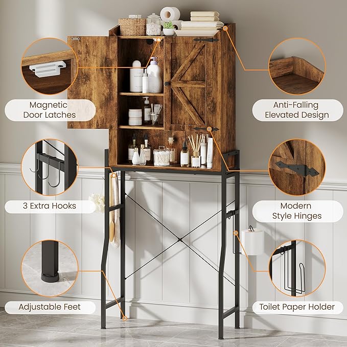 Memobarco Over The Toilet Storage Cabinet, Over Toilet Organizer with 2-Door & Metal Stand, Bathroom Organizers and Storage with Adjustable Shelves for Bathroom, Restroom, Laundry, Rustic Brown