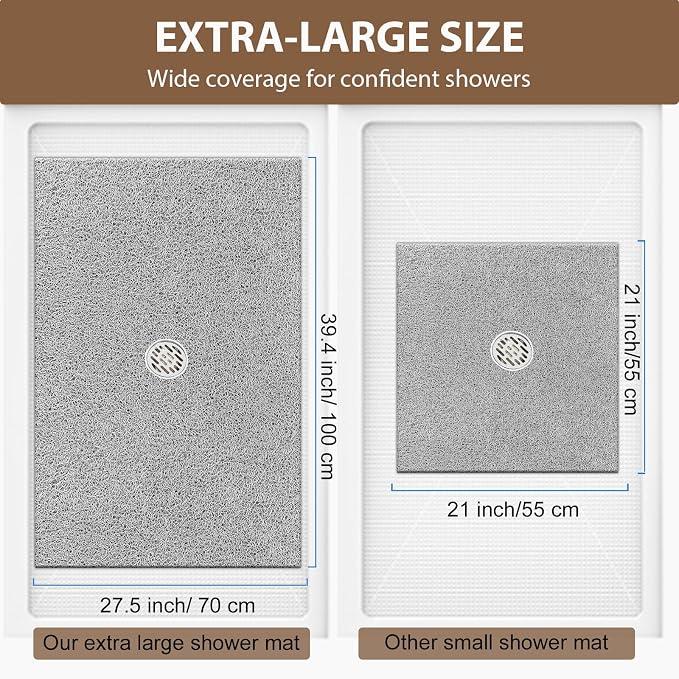 Extra Large Non Slip Shower Mat: 39.4x27.5 inch Loofah Shower Mat for Inside Shower with Drain Hole in Middle, Soft PVC Anti-Slip Shower Stall Mats for Bathroom,Wet Area, Quick Drying