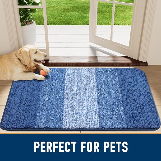Smiry Dog Door Mat for Muddy Paws, Absorbs Moisture and Dirt, Low-Profile Entryway Mat with Non-Slip Backing, Entry Indoor Outdoor Doormat for Inside Floor (47x20 Inches, Navy Blue, Striped)