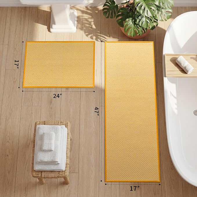 YIHOUSE Thin Bath Mat Yellow Bathroom Rugs Sets 2 Pieces, Non Slip Absorbent Mats Quick Dry, Woven Rugs Washable, Tapetes para Baño for Bathroom Toilet,Bathtub(17"x24"+17"x47")
