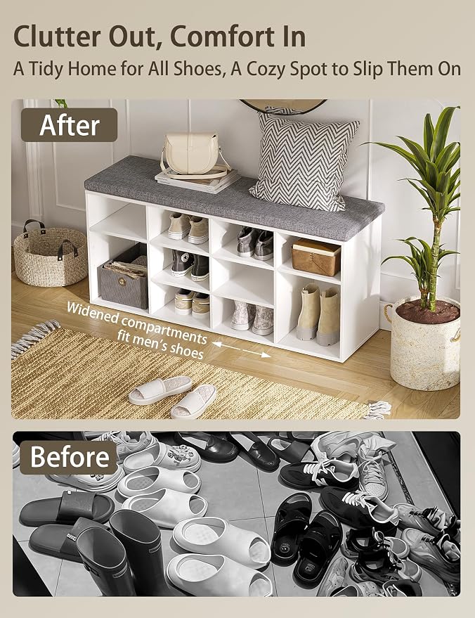 DINZI LVJ Shoe Storage Bench with Cushion, Cubby Shoe Rack with 12 Cubbies, Adjustable Shelves, Multifunctional Shoe Organizer Bench for Entryway, Mudroom, Hallway, Closet and Garage, White
