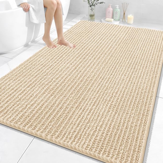 OLANLY Bathroom Rug Mat 70x46, Thick Soft and Absorbent Chenille Bath Mat, Non-Slip Rubber Backing, Machine Washable Quick Dry Bath Rugs for Tub Shower Floor, Home Decor Accessories, Beige