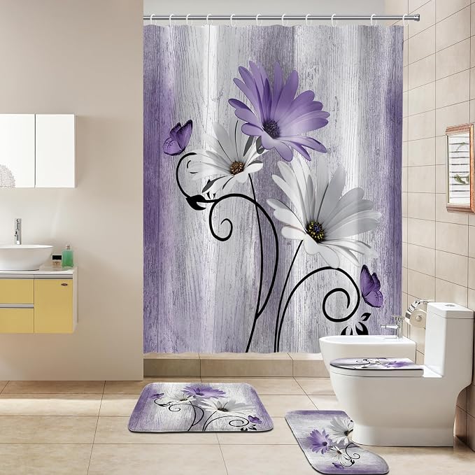 Onalasyc 4PCS Purple Daisy Flowers Plants Shower Curtain Set,Shower Curtain and Carpet and Accessories,Waterproof Bathroom Shower Curtain Decorative Set, with 12 pcs Hooks,71 x 71in
