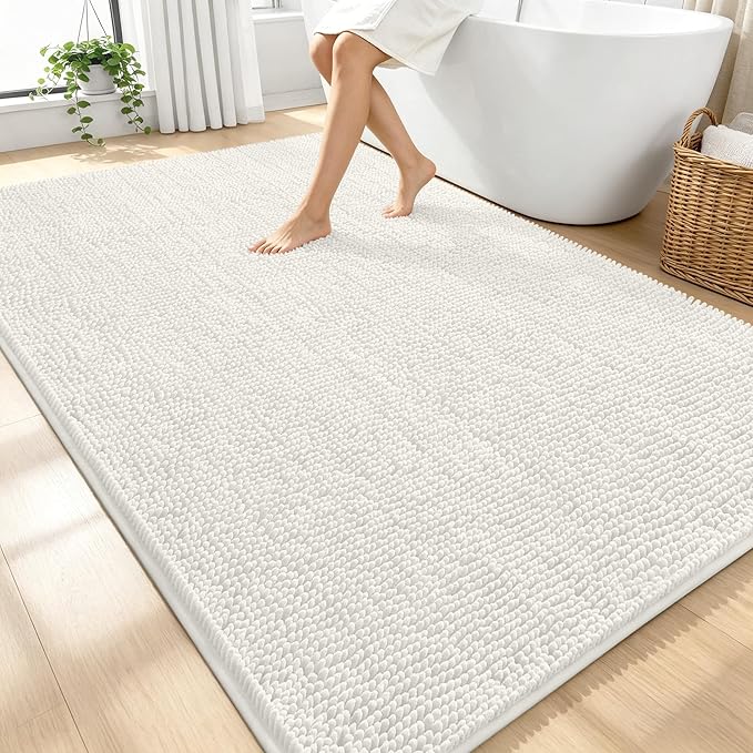 OLANLY Large Bathroom Rugs 70x46, Extra Soft Absorbent Chenille Bath Rugs, Rubber Backing Quick Dry, Machine Washable Bath Mats for Bathroom Floor, Tub and Shower, Home Decor Accessories, Ivory