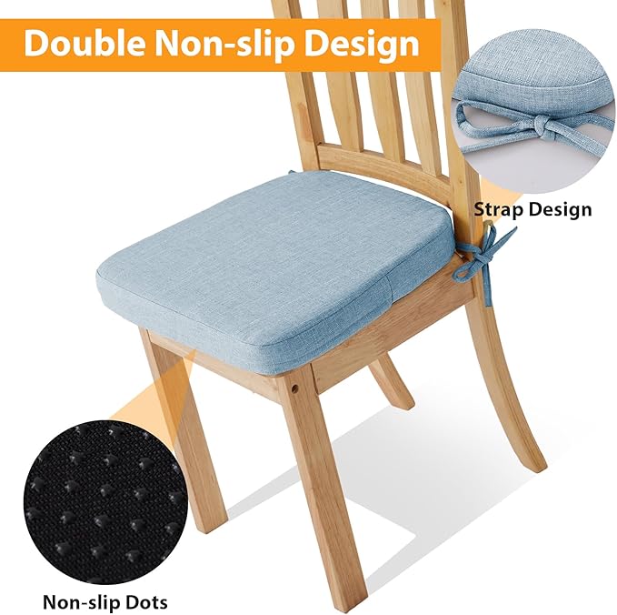Ruqmuis Chair Cushions for Dining Chairs, 2" Thick Seat Cushions for Kitchen Chairs, D-Shaped Chair Pads with Washable Cover, Ties and Non Slip Backing, 17'' x 16'', Set of 6, Light Blue