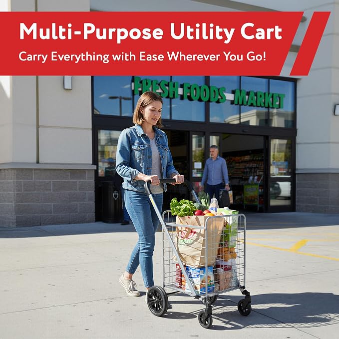 dbest Products Cruiser Cart Deluxe 2 - Foldable Shopping Cart with Wheels & Brake System - Heavy Duty Collapsible Utility Cart for Groceries & Laundry - Holds 100 lbs - Silver, Alloy Steel