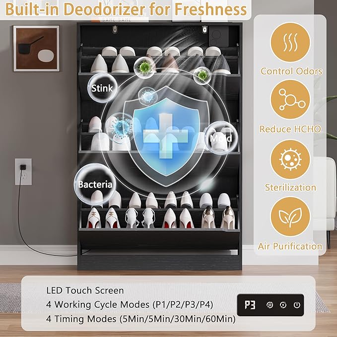 BORNOON Shoe Cabinet with Odor Control and Back Panels, Deodorizing Slim 3-Flip Shoe Storage Cabinet for Entryway, Freestanding Hidden Shoe Rack Organizer for Entrance, Hallway, Bedroom