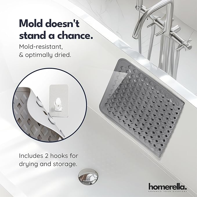 Bathtub Mat Non Slip 28x16 - homerella® Bath Mat Incl. Hooks for Drying, 100% BPA Free, Shower Mat Non Slip Anti Mold, Machine Washable, Shower Mats for Inside Shower Mildew Resistant (Dark Grey)